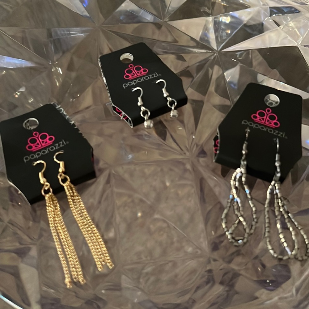 Paparazzi earrings one gold color, one silver color and one gunmetal color